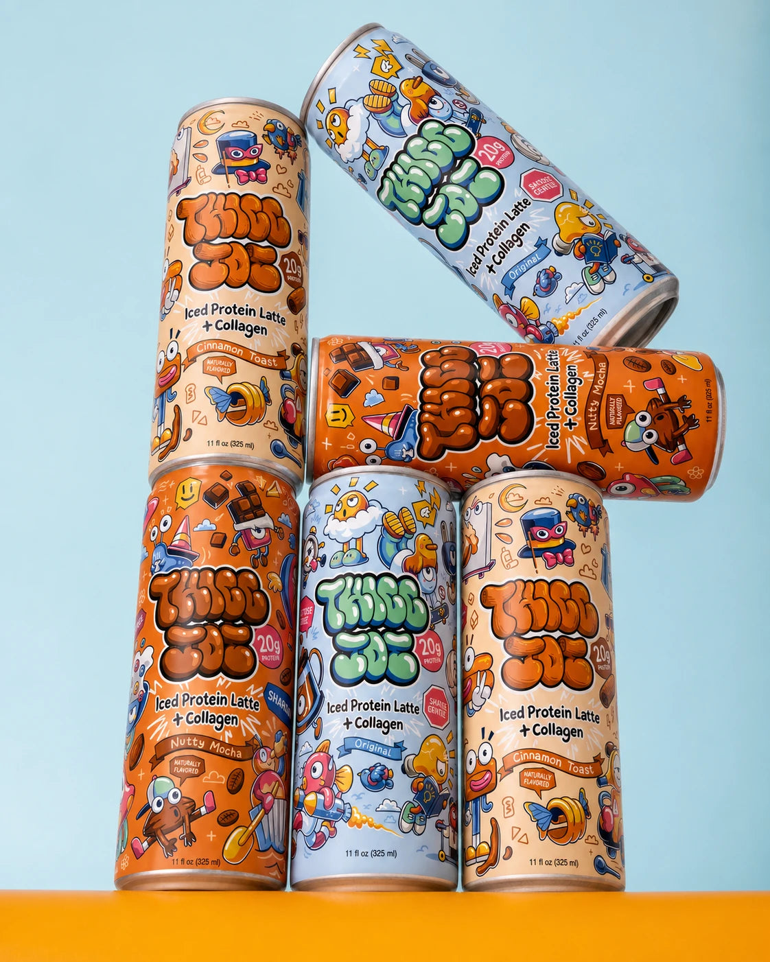 Thicc Joe Original, Cinnamon Toast, and Nutty Mocha cans